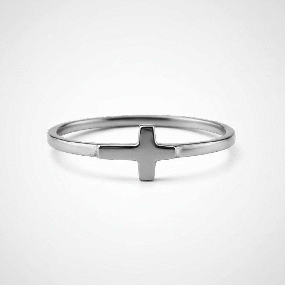 Karma Blingz white gold sideways cross minimalist stacking ring for women, dainty faith jewelry.