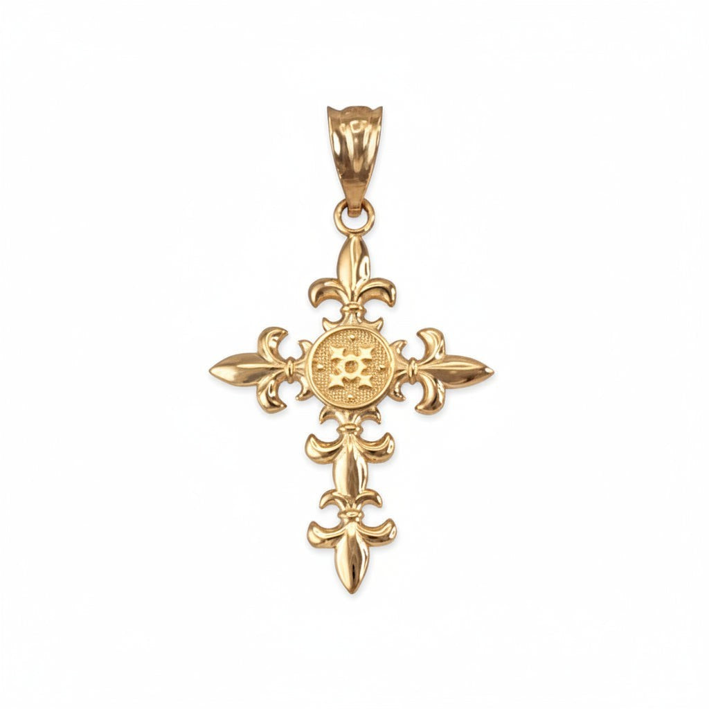 Karma Blingz yellow gold fleur de lis cross pendant necklace with polished finish and textured center detail.