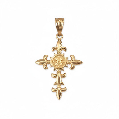 Karma Blingz yellow gold fleur de lis cross pendant necklace with polished finish and textured center detail.
