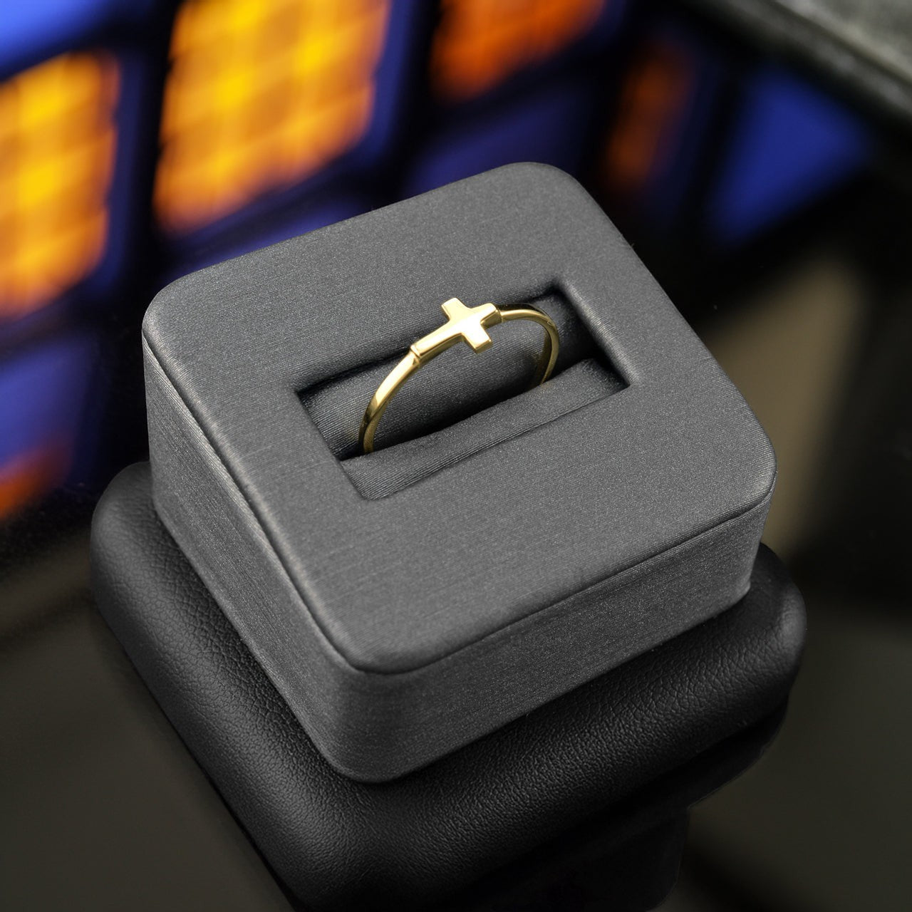 Karma Blingz yellow gold sideways cross stacking ring for women, minimalist faith jewelry.
