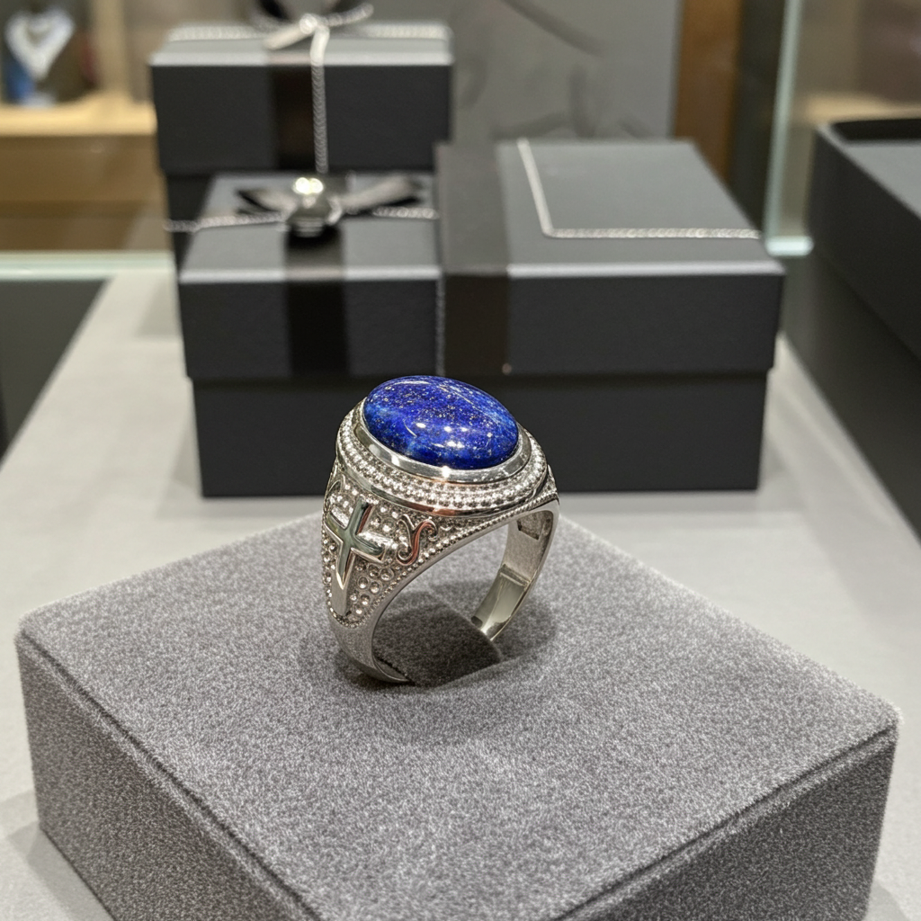 Sterling Silver Christian Cross Lapis Lazuli Gemstone Ring