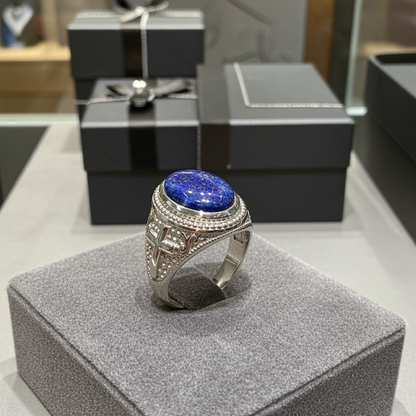 Sterling Silver Christian Cross Lapis Lazuli Gemstone Ring
