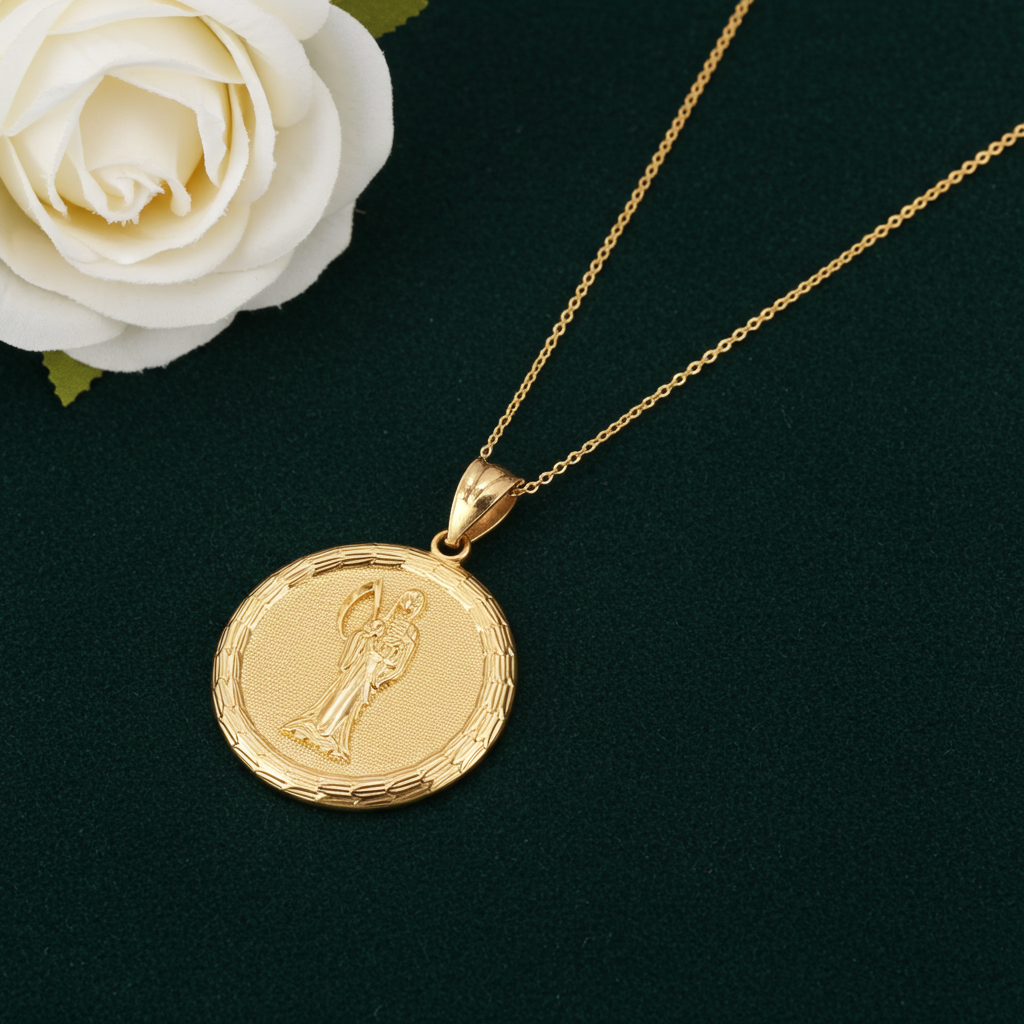 Gold Santa Muerte Medallion Pendant Necklace in 10K or 14K, Yellow, White, Rose, 2-Tone