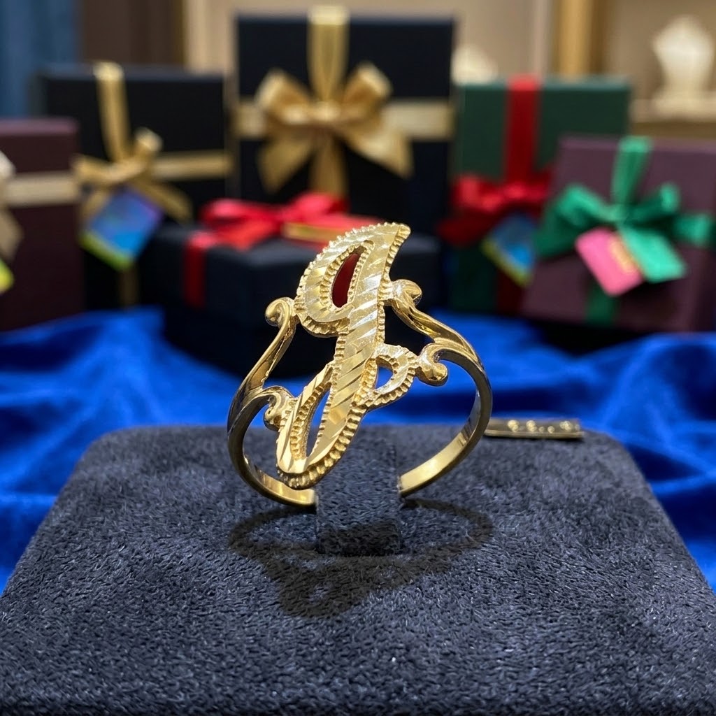 14K Yellow Gold Sparkle-Cut Letter Initial Script Ring