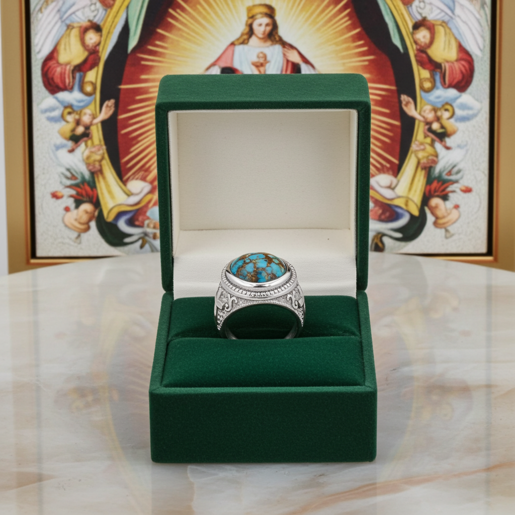 Sterling Silver Christian Cross Blue Copper Turquoise Ring