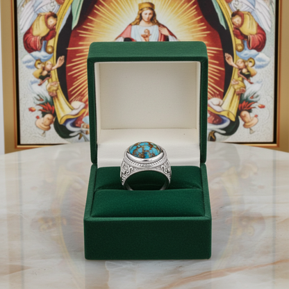 Sterling Silver Christian Cross Blue Copper Turquoise Ring