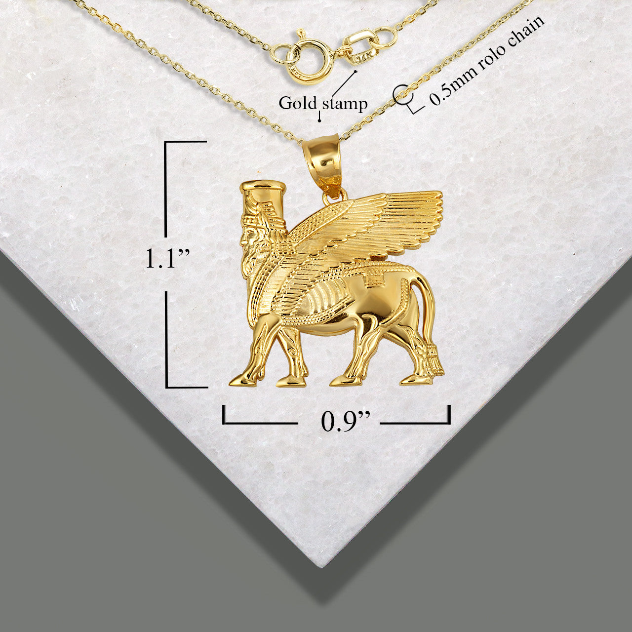 Gold Ancient Assyrian God Lamassu Winged Bull Pendant Necklace (yellow/white/rose)