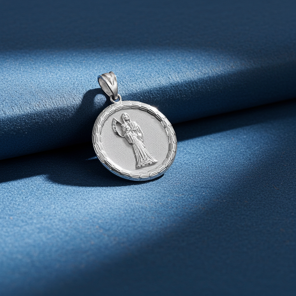 Gold Santa Muerte Medallion Pendant Necklace in 10K or 14K, Yellow, White, Rose, 2-Tone