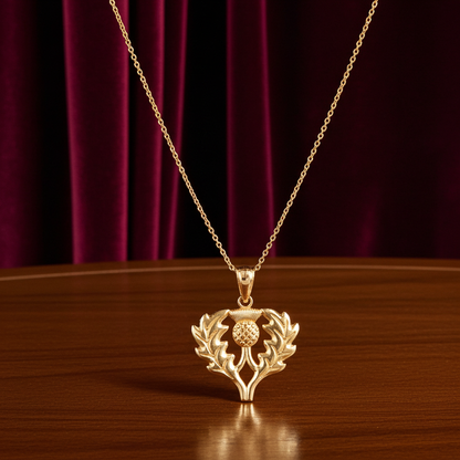 Gold Scottish Thistle Pendant Necklace (yellow, white, rose gold, 10k, 14k)