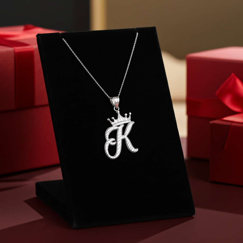 Sterling Silver Cursive Letter Initial Diamond-Cut Crown Pendant Necklace Karma Blingz