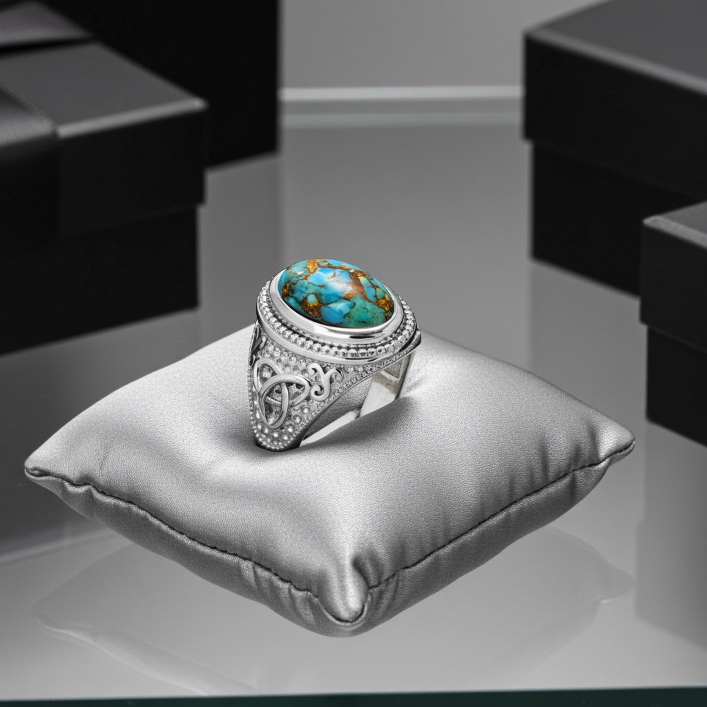 Sterling Silver Celtic Triquetra Blue Copper Turquoise Ring