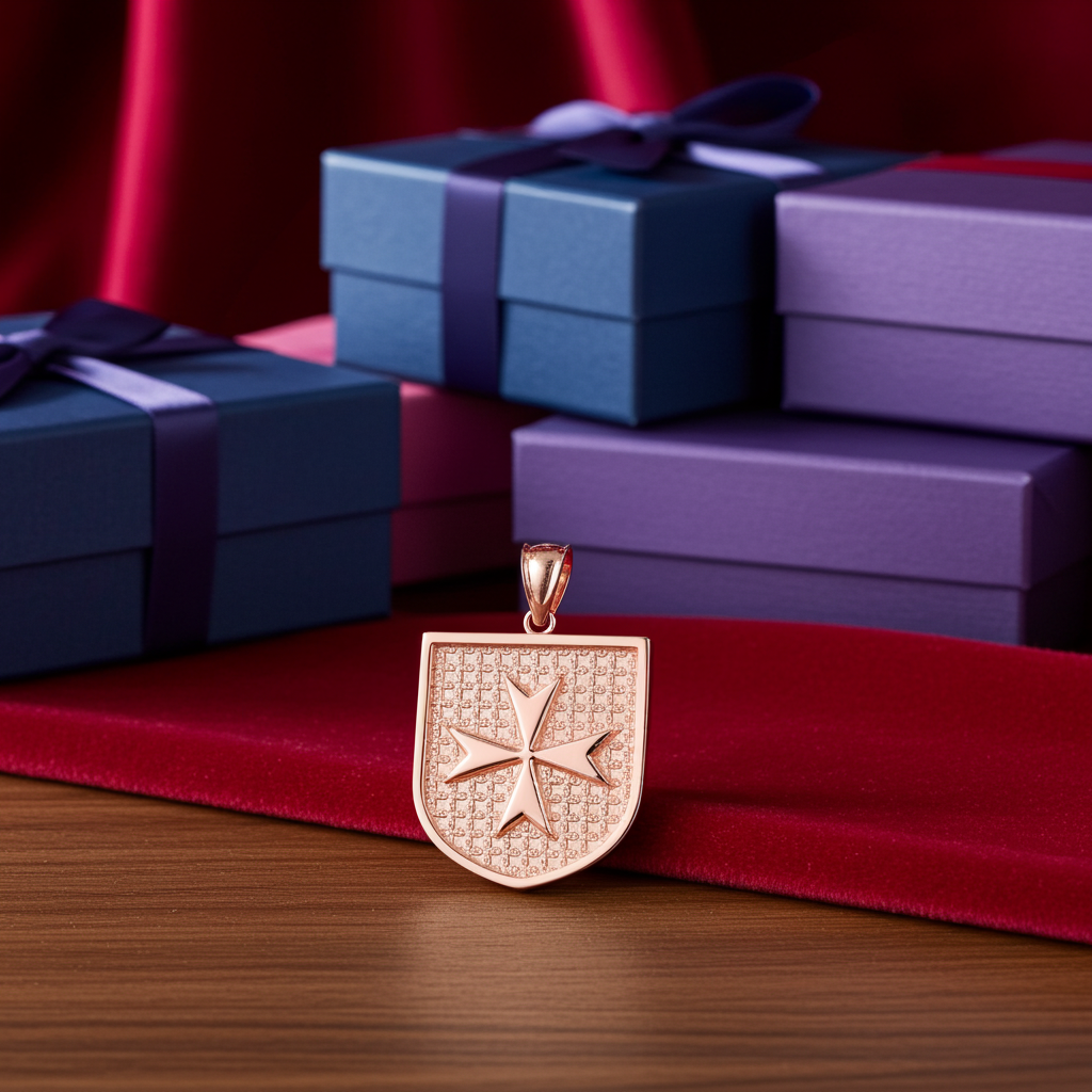 Solid Gold Knights Templar Maltese Cross Shield Medal Pendant Necklace (10K, 14K, Yellow, White, Rose, 2-tone)