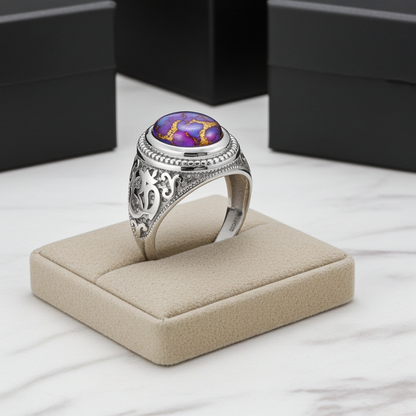 Sterling Silver Om (aum) Purple Copper Turquoise Gemstone Ring Karma Blingz