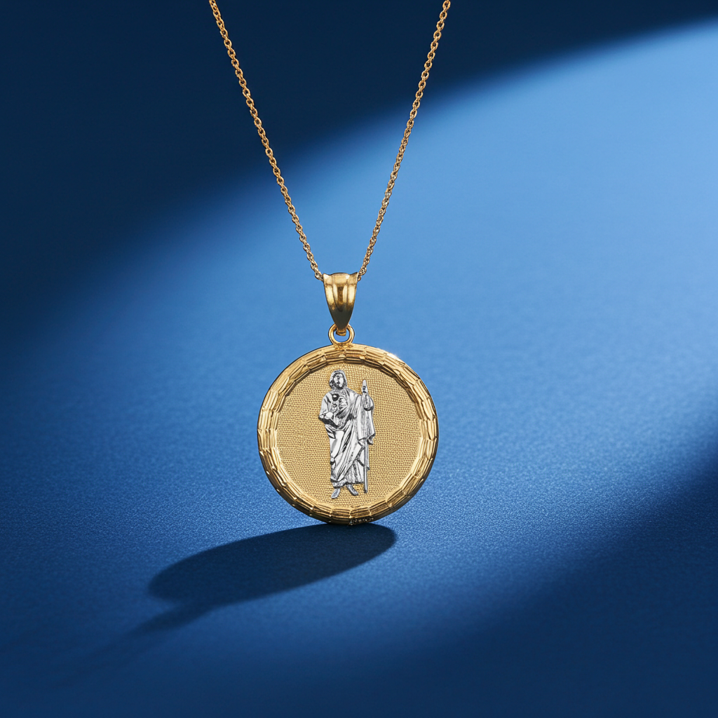 Gold Saint Jude Medallion Pendant Necklace in 10K or 14K, Yellow, White, Rose, 2-Tone