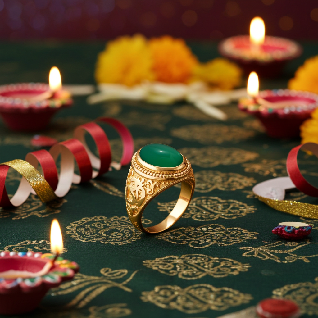 Gold Om Oval Cabochon Green Onyx Gemstone Mens Yoga Ring Karma Blingz