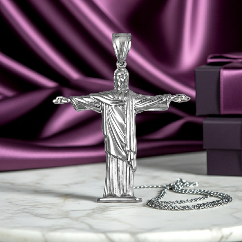 Sterling Silver Jesus Christ The Redeemer Cross Brazil Rio Statue Pendant