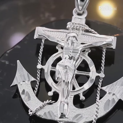 925 Sterling Silver Mariner Crucifix Anchor Mens Cross Pendant (L)