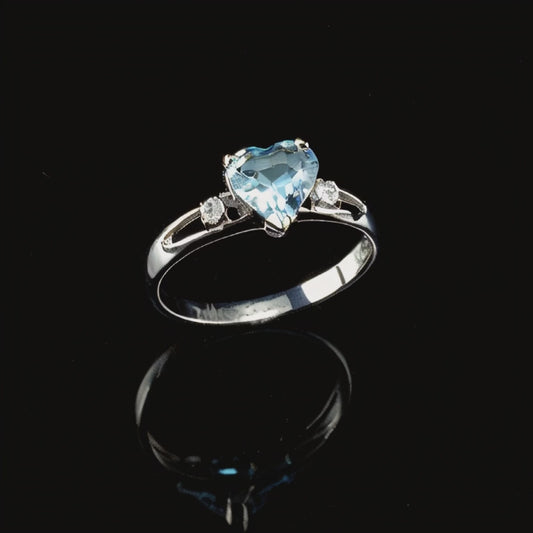 White Gold Aqua CZ Heart March Birthstone Proposal Promise Ring