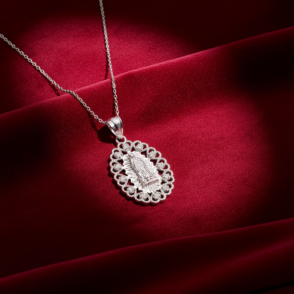 Sterling Silver Lady of Guadalupe Virgin Mary CZ Pendant Necklace