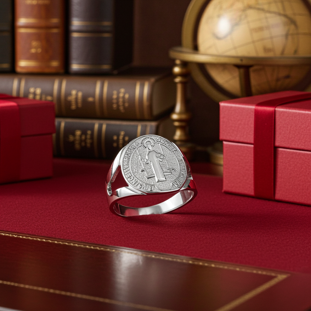 925 Sterling Silver St Benedict Medallion Ring