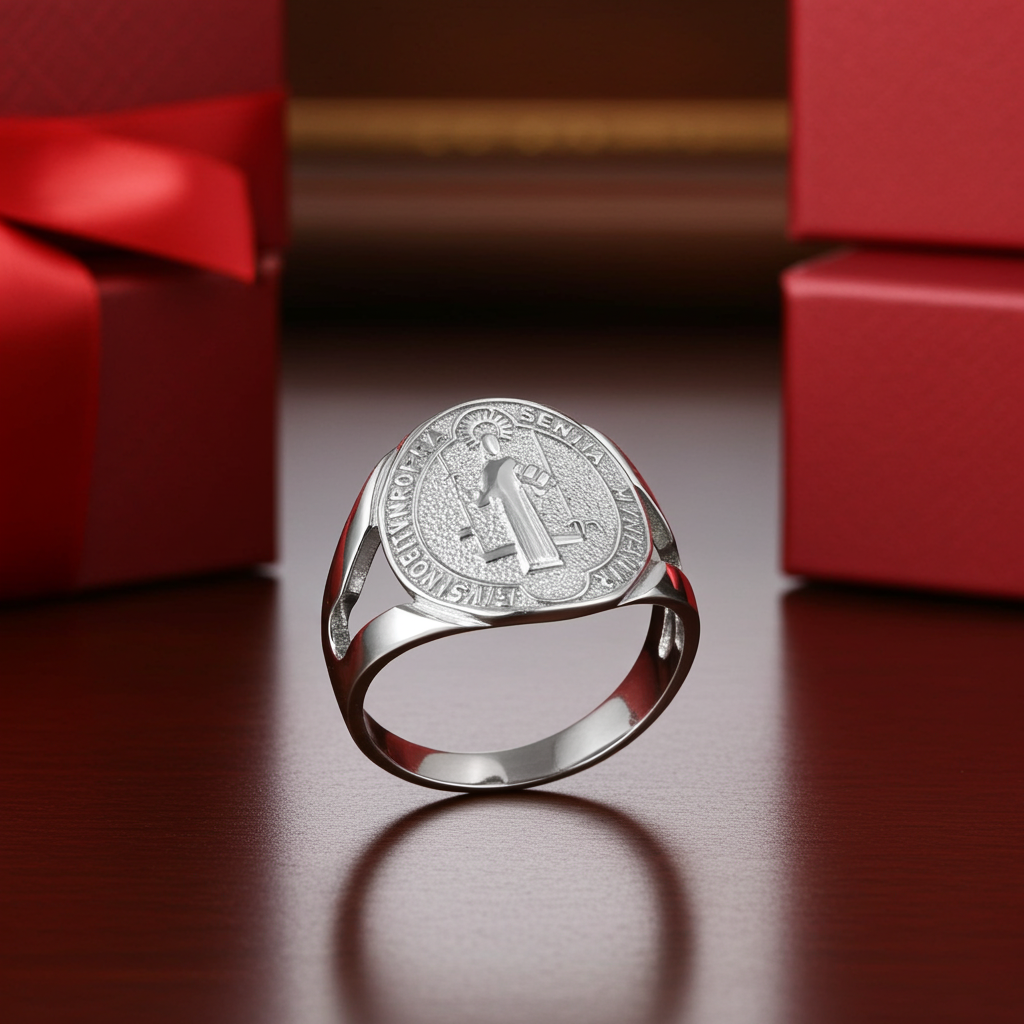 925 Sterling Silver St Benedict Medallion Ring