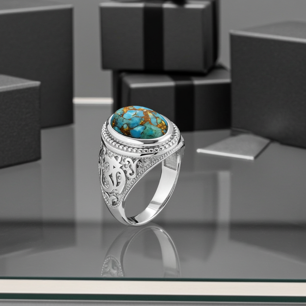 Sterling Silver Om (Aum) Mantra Ring with Blue Copper Turquoise Karma Blingz