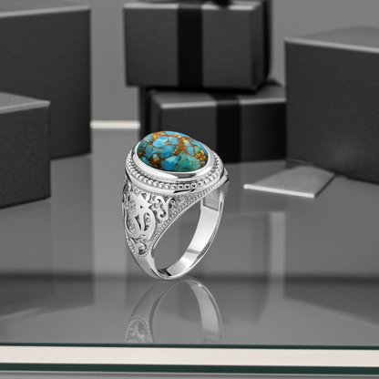 Sterling Silver Om (Aum) Mantra Ring with Blue Copper Turquoise Karma Blingz