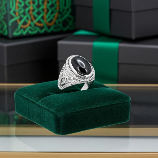 Sterling Silver Celtic Trinity Band Black Onyx Statement Ring