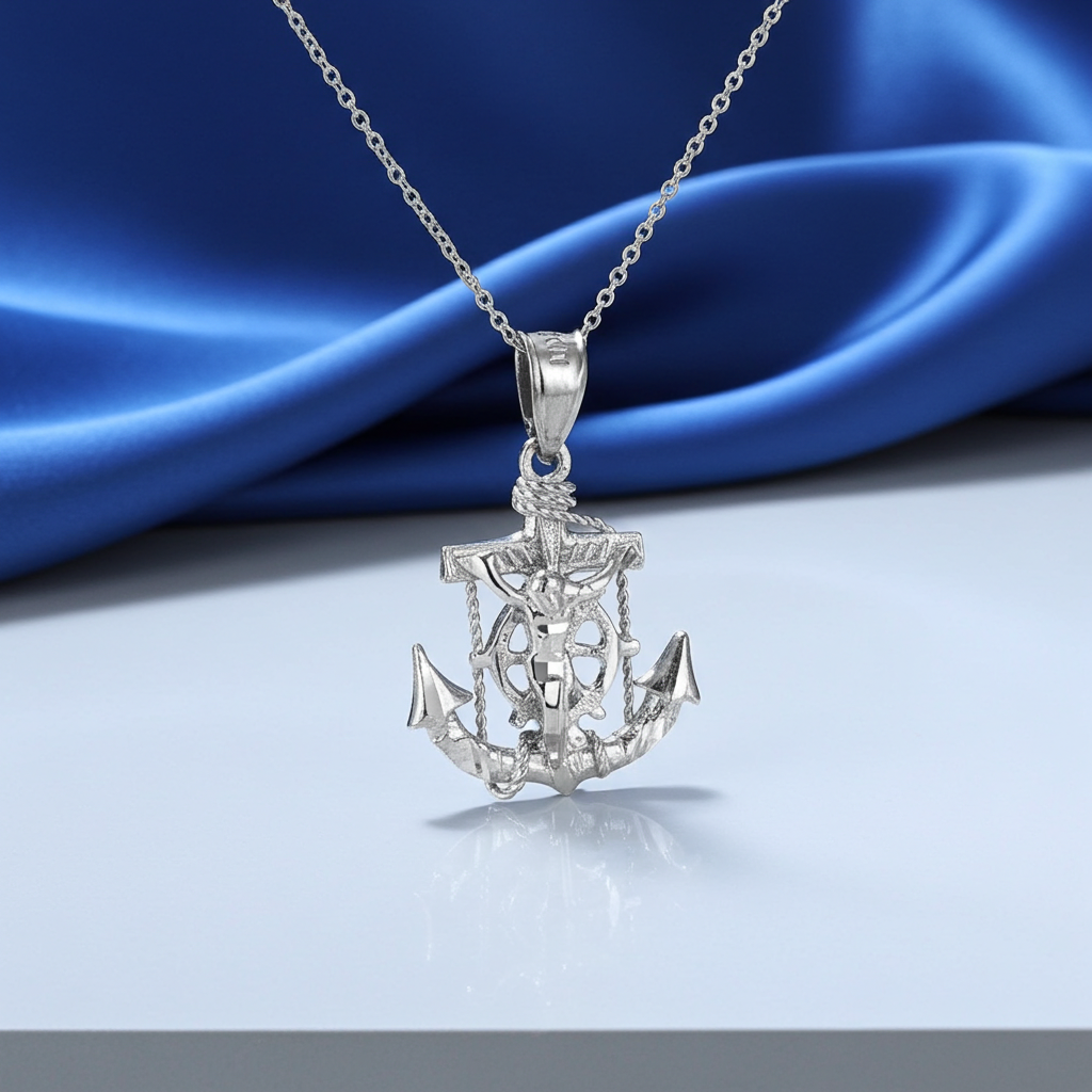 Sterling Silver Mariner Crucifix Anchor Cross Pendant Necklace