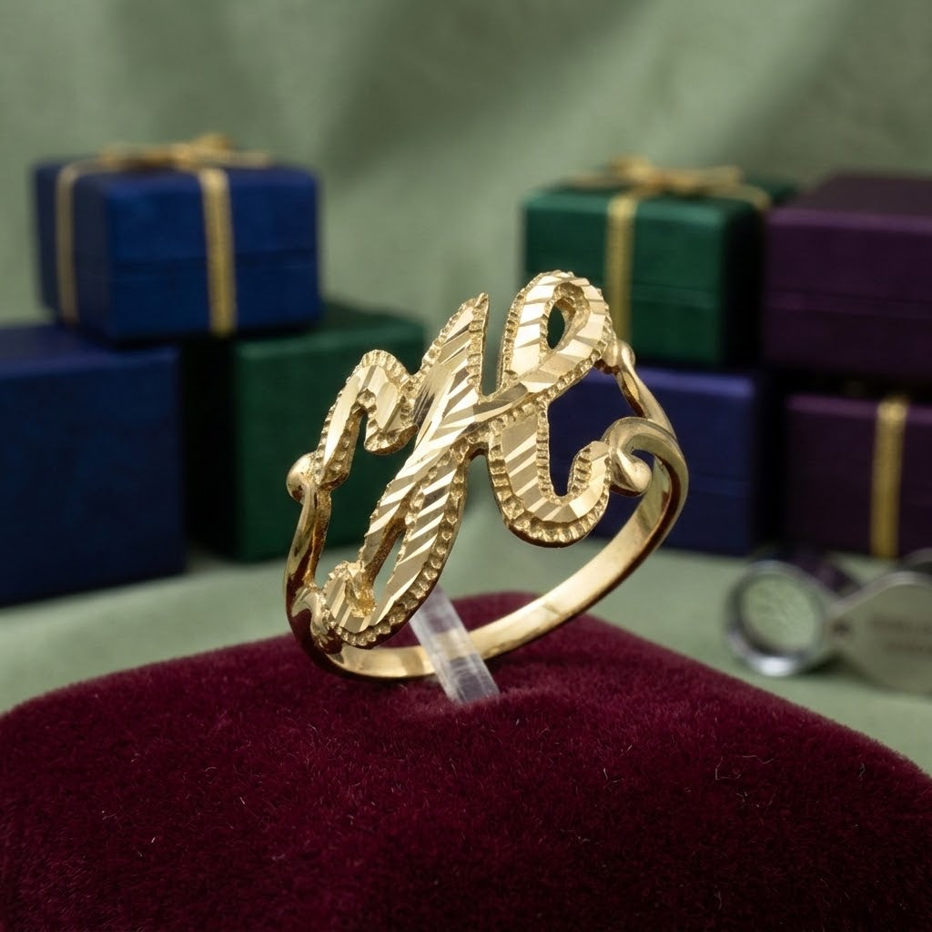 14K Yellow Gold Sparkle-Cut Letter Initial Script Ring