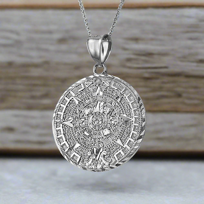 Sterling Silver Aztec Mayan Sun Calendar Necklace
