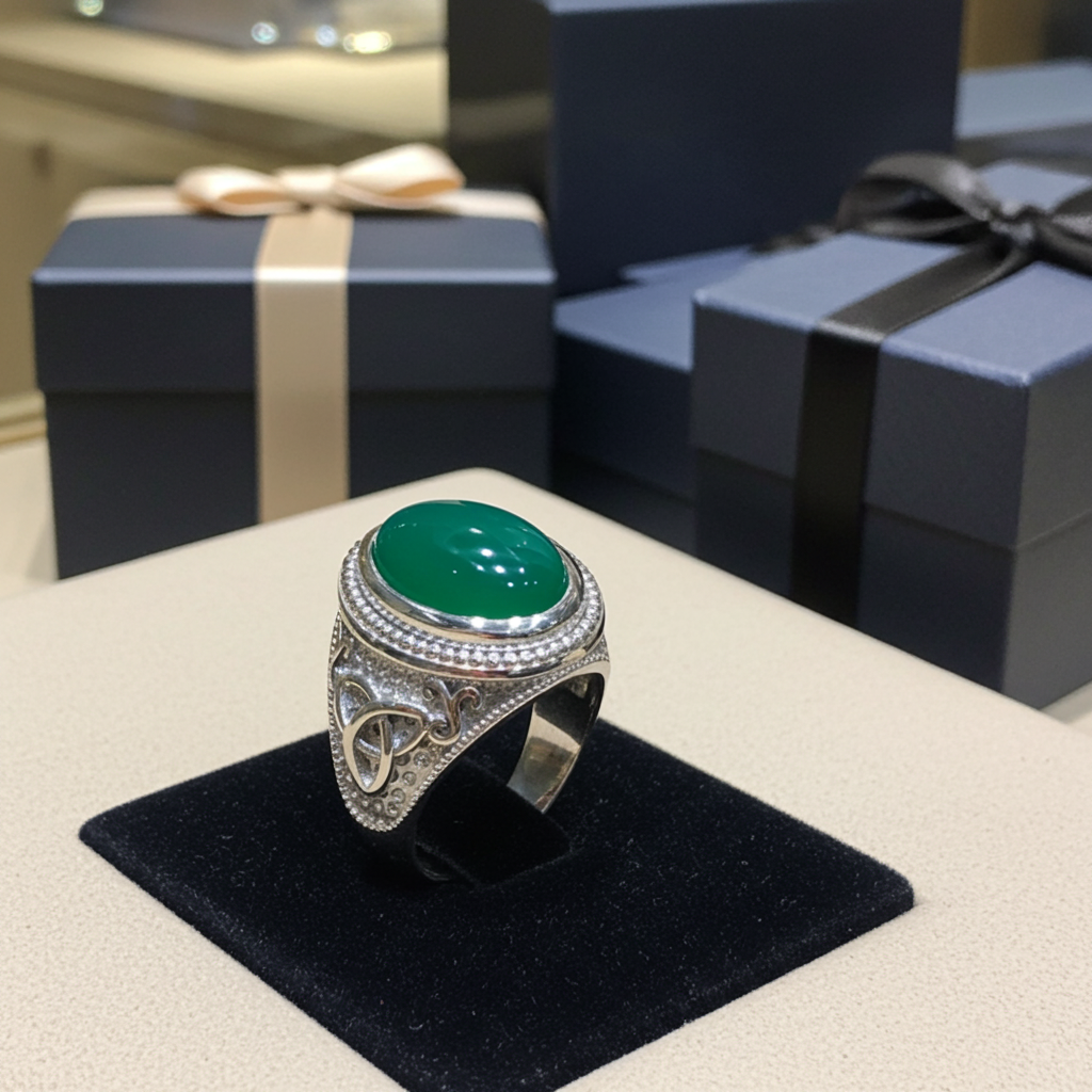 Sterling Silver Celtic Trinity Band Green Onyx Gemstone Ring