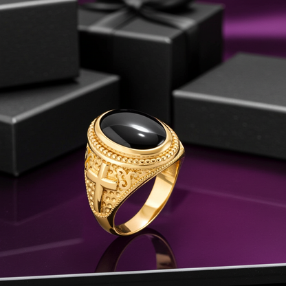 Gold Black Onyx Christian Cross Gemstone Ring