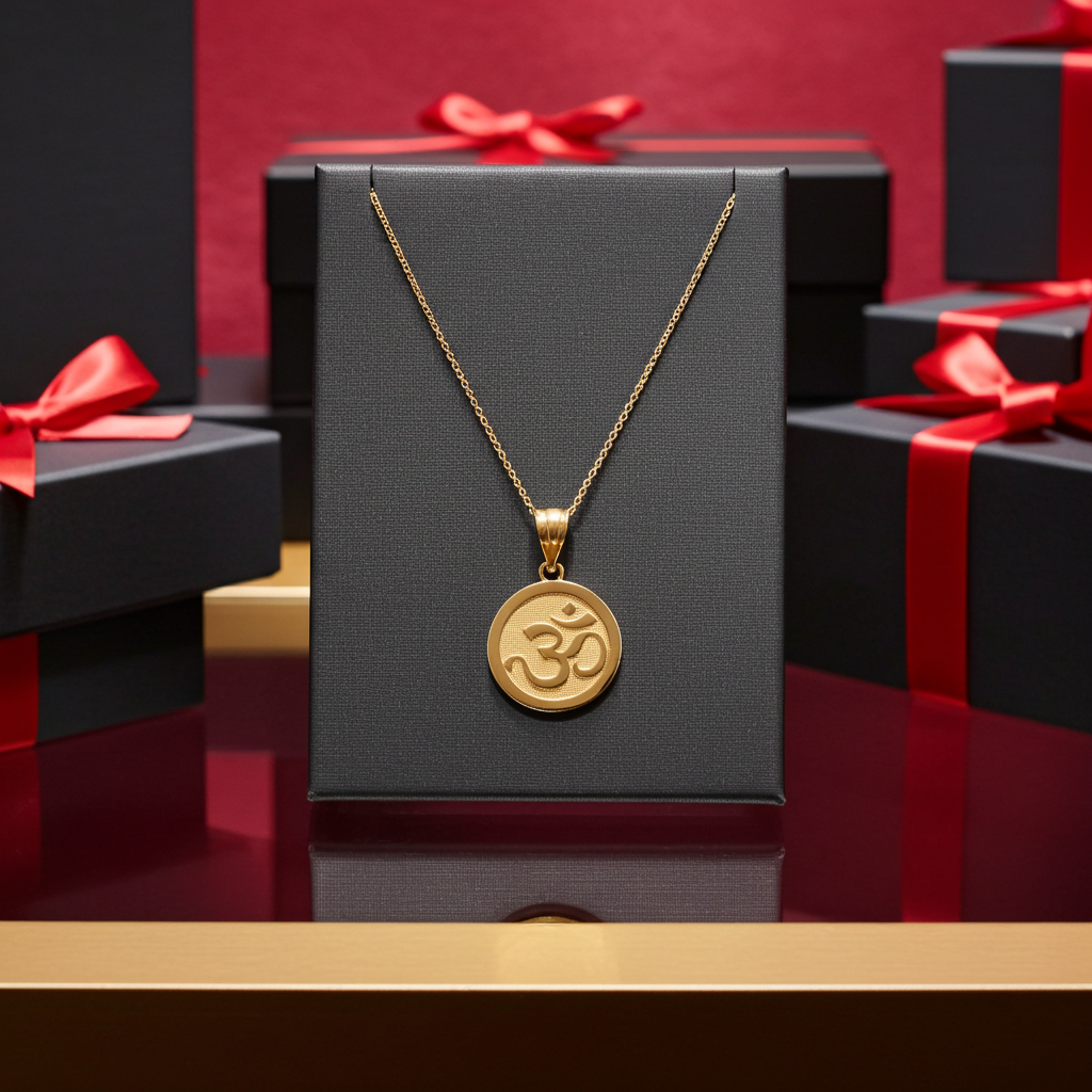 Gold Om Yoga Medallion Charm Necklace (yellow, white, rose gold, 10K, 14K)