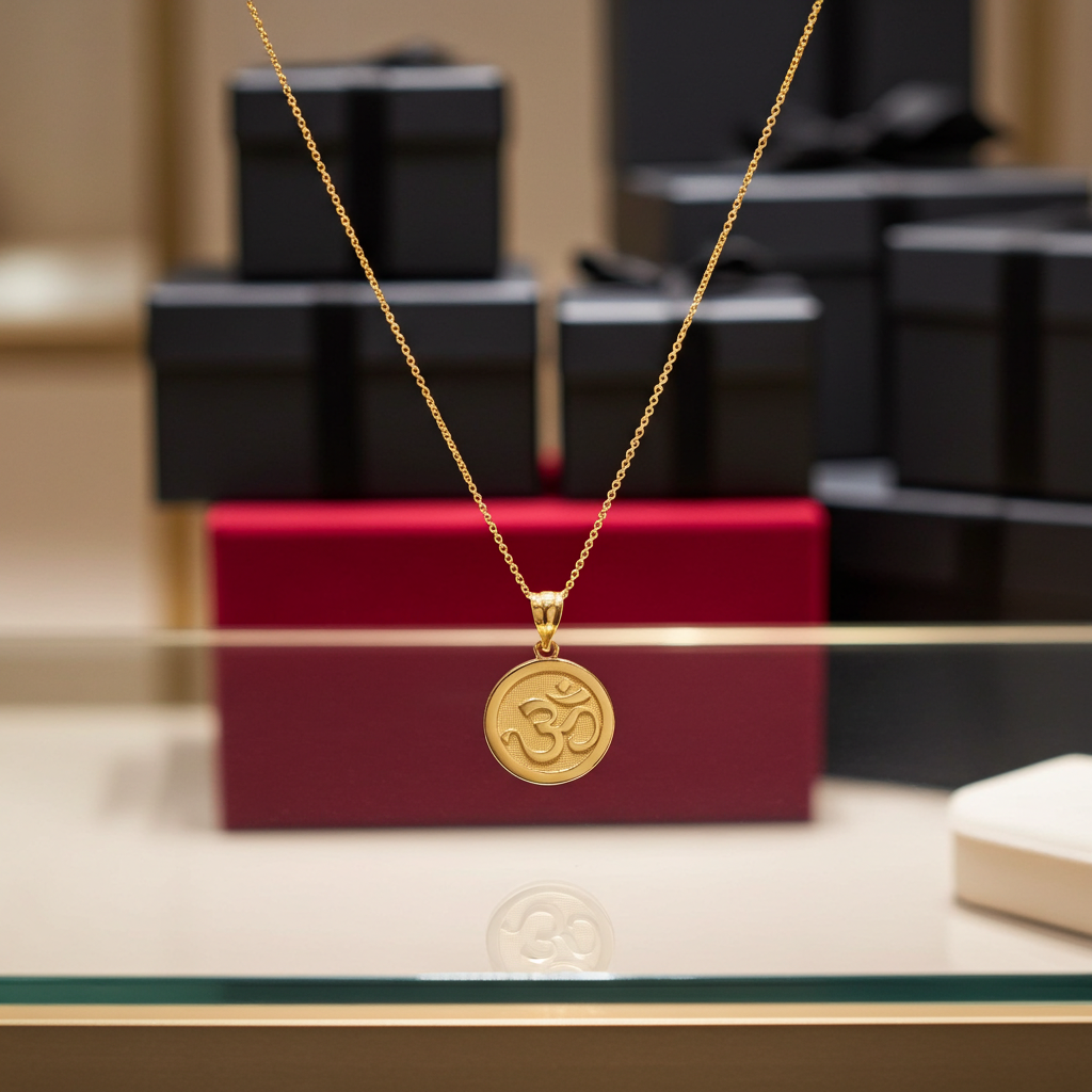 Gold Om Yoga Medallion Charm Necklace (yellow, white, rose gold, 10K, 14K)