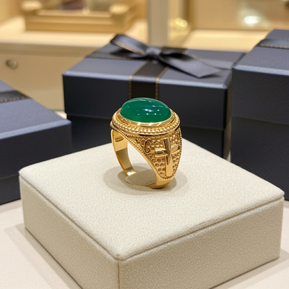 Solid Gold Christian Cross Green Onyx Ring Oval Cabochon Gemstone Unisex Statement Ring