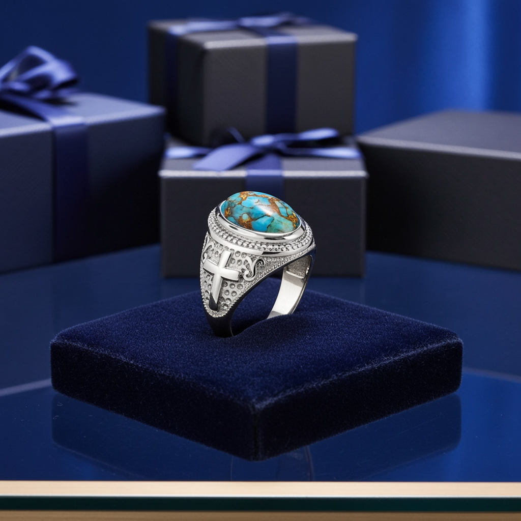 Sterling Silver Christian Cross Blue Copper Turquoise Ring