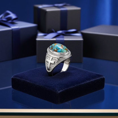 Sterling Silver Christian Cross Blue Copper Turquoise Ring