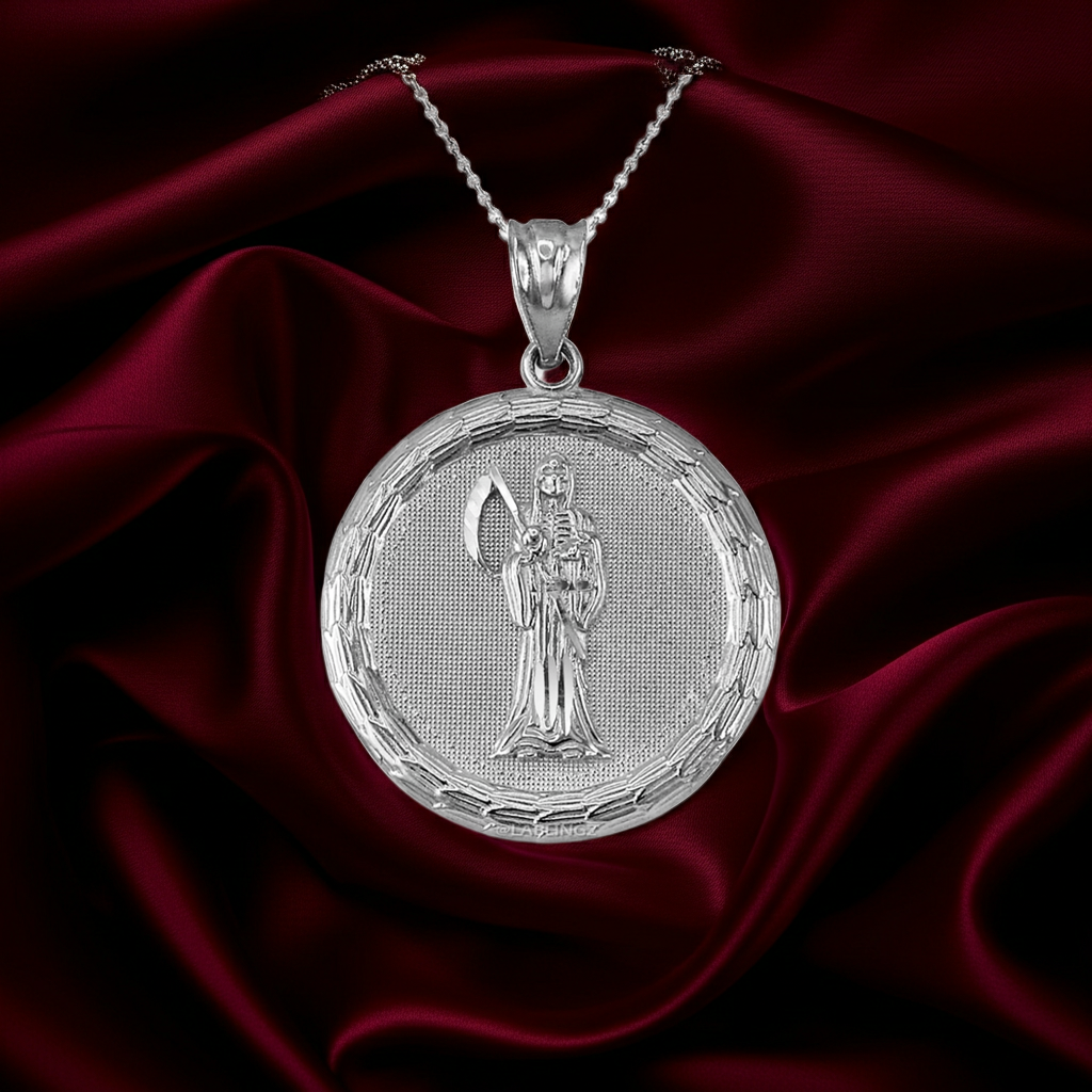 Gold Santa Muerte Medallion Pendant Necklace in 10K or 14K, Yellow, White, Rose, 2-Tone