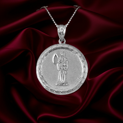 Gold Santa Muerte Medallion Pendant Necklace in 10K or 14K, Yellow, White, Rose, 2-Tone