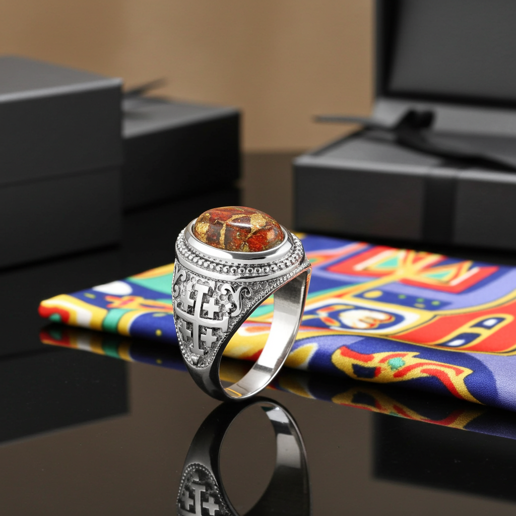 Sterling Silver Jerusalem Cross Orange Copper Turquoise Ring