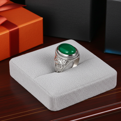 Sterling Silver Om (Aum) Green Onyx Oval Gemstone Statement Ring Karma Blingz