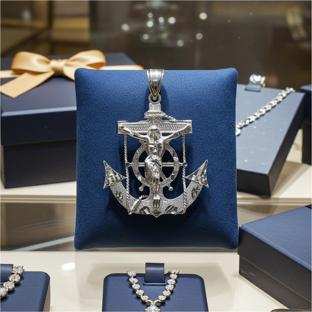 Solid Gold Mariner Anchor Mens Large Crucifix Cross Pendant (yellow, white, rose gold, 10k, 14k)