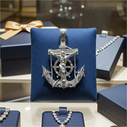 Solid Gold Mariner Anchor Mens Large Crucifix Cross Pendant (yellow, white, rose gold, 10k, 14k)