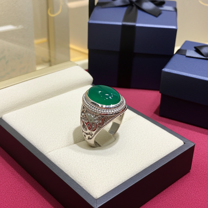 Sterling Silver Om (Aum) Green Onyx Oval Gemstone Statement Ring Karma Blingz
