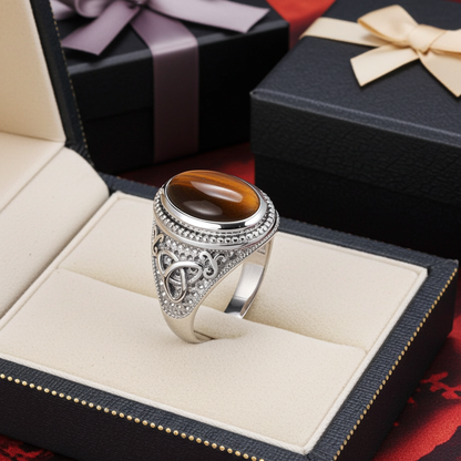 Sterling Silver Celtic Tiger Eye Gemstone Statement Ring