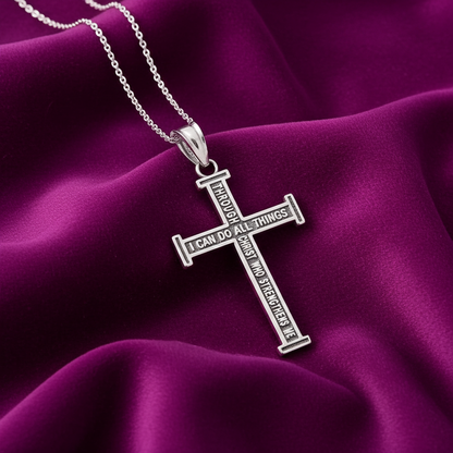 Sterling Silver Reversible Latin Cross Pendant Philippians 4:13 Scripture Necklace