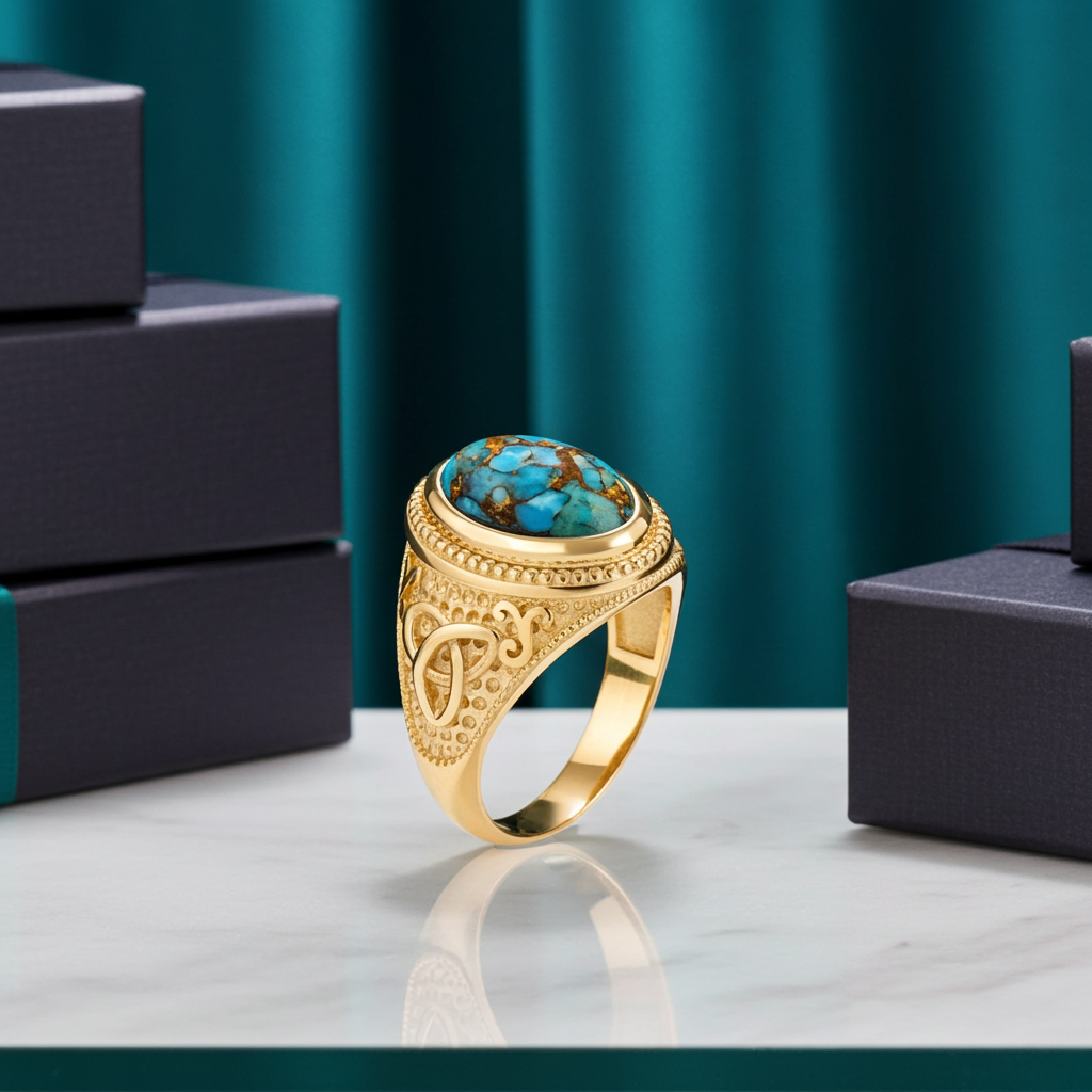 Gold Celtic Knot Blue Copper Turquoise Ring