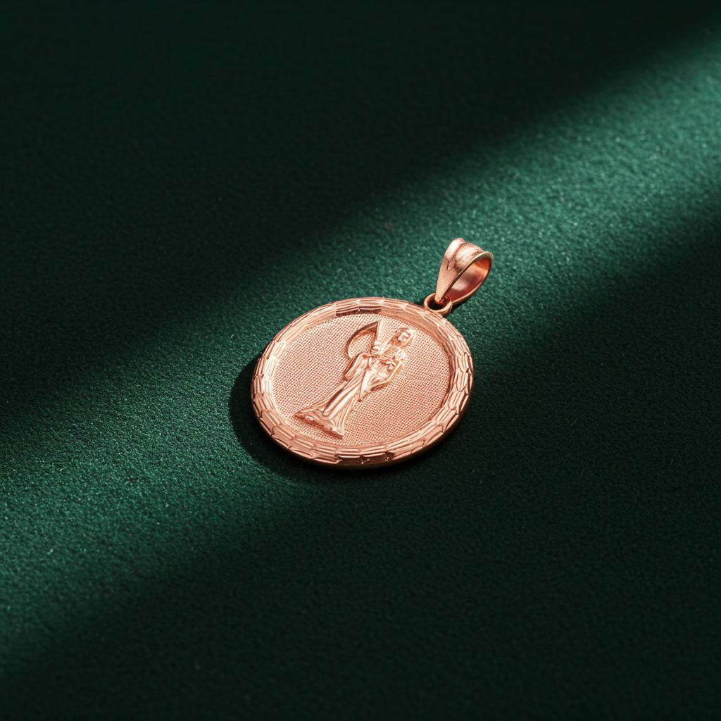 Gold Santa Muerte Medallion Pendant Necklace in 10K or 14K, Yellow, White, Rose, 2-Tone