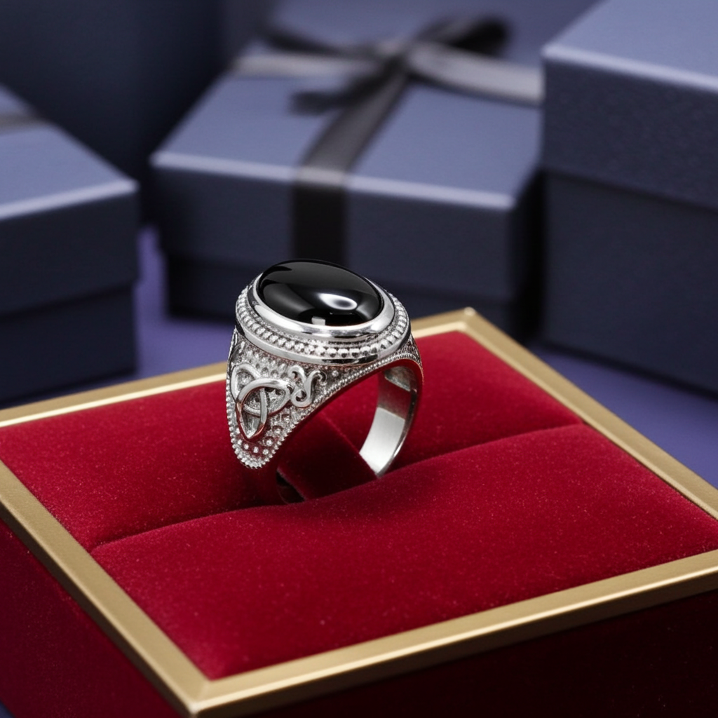 Sterling Silver Celtic Trinity Band Black Onyx Statement Ring